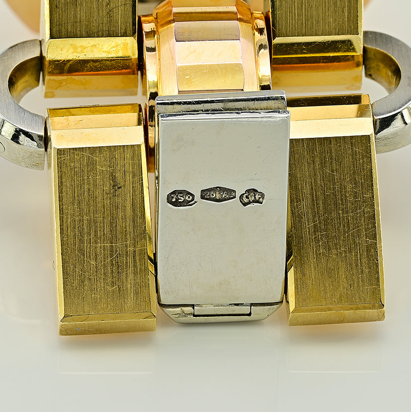 Late Art Deco Italian 23.70ct Citrine and Tri Gold Tank Bracelet by Illario, Circa 1930