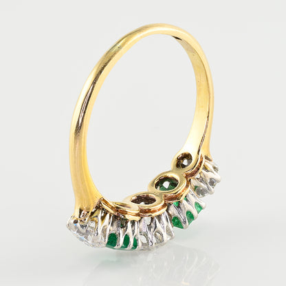 Art Deco 1ct Old European Cut Diamond and Emerald Five Stone Engagement Ring in 18ct Yellow Gold