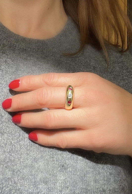 Vintage Cartier Ruby and Diamond Trilogy 18ct Yellow Gold Gypsy Band Ring