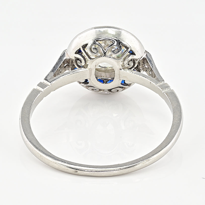 1.10ct Old Mine Cut Diamond and Sapphire Target Engagement Ring in Platinum