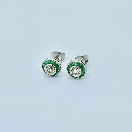 0.52ct Diamond and Calibre Emerald Cluster Target Earrings in 18ct White Gold