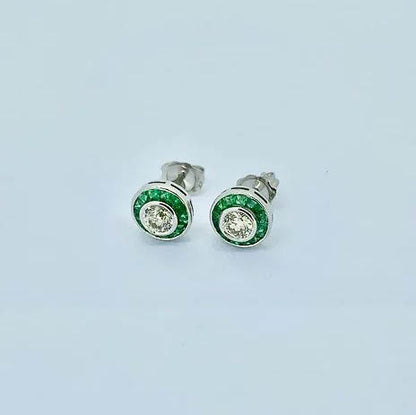 0.52ct Diamond and Calibre Emerald Cluster Target Earrings in 18ct White Gold