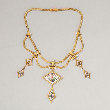 Antique Victorian Etruscan Style Gold Necklace with Micromosaic Pendants