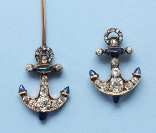Antique Victorian 1.25ct Old Cut Diamond and Sapphire Anchor Jabot Pin Brooch; gold jabot pin with anchor at each end set with diamonds and sapphires