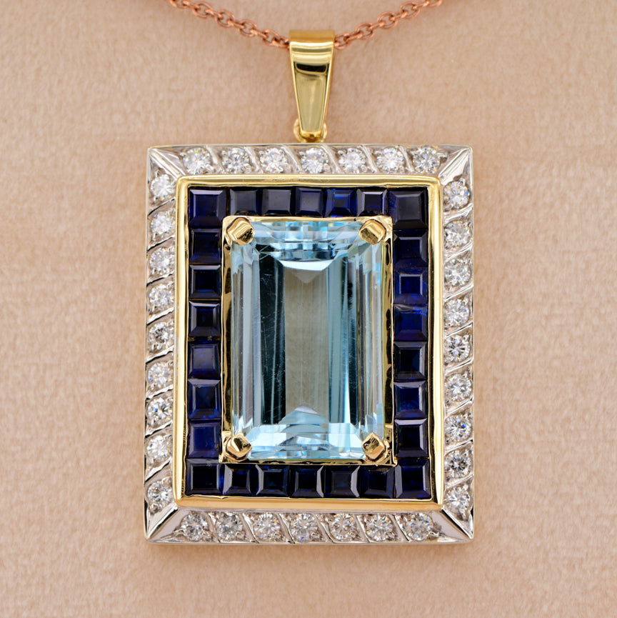 Vintage 17.50ct Aquamarine Sapphire Diamond Cluster Pendant