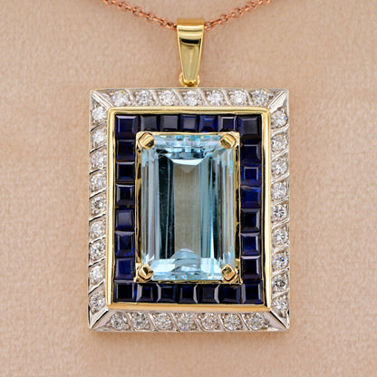Vintage 17.50ct Aquamarine Sapphire Diamond Cluster Pendant
