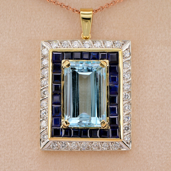 Vintage 17.50ct Aquamarine Sapphire Diamond Cluster Pendant