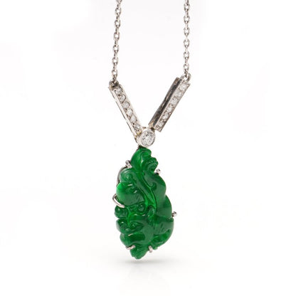 Art Deco GIA Certified A Grade Carved Jade Pendant Necklace with and Old Cut Diamonds