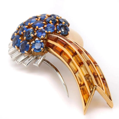 Vintage Retro 1940s Sasportas 18ct Yellow Gold Comet Spray Brooch with Sapphire Citrine and Diamond