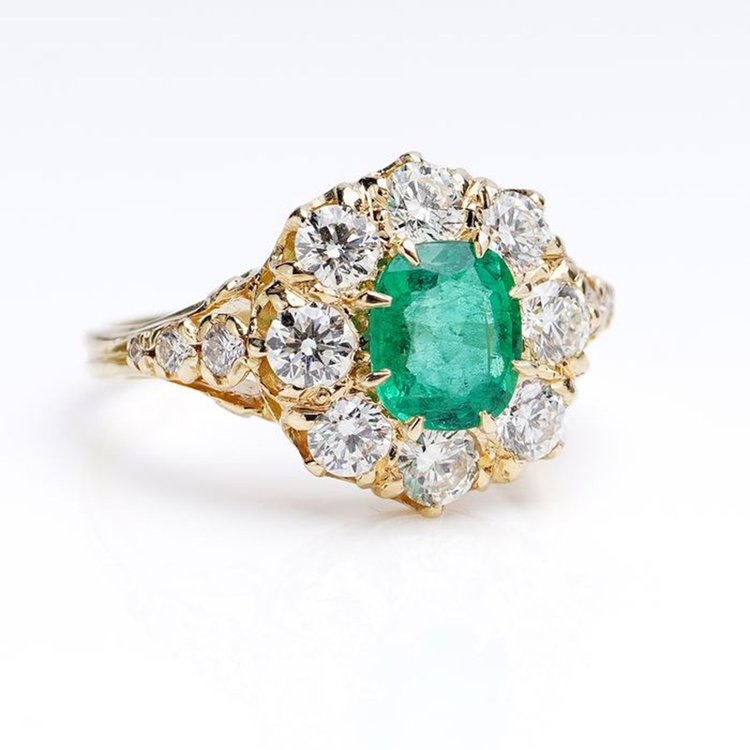 Antique 0.85ct Oval Emerald and Old Cut Diamond Cluster Ring 18ct Yellow Gold
