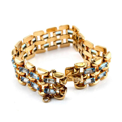 Retro 1940s Aquamarine and 18ct Yellow Gold Brick Link Bracelet