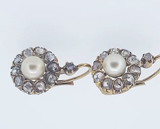 Victorian Rose Cut Diamond and Natural Pearl Cluster Drop Earrings