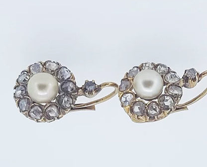 Victorian Rose Cut Diamond and Natural Pearl Cluster Drop Earrings
