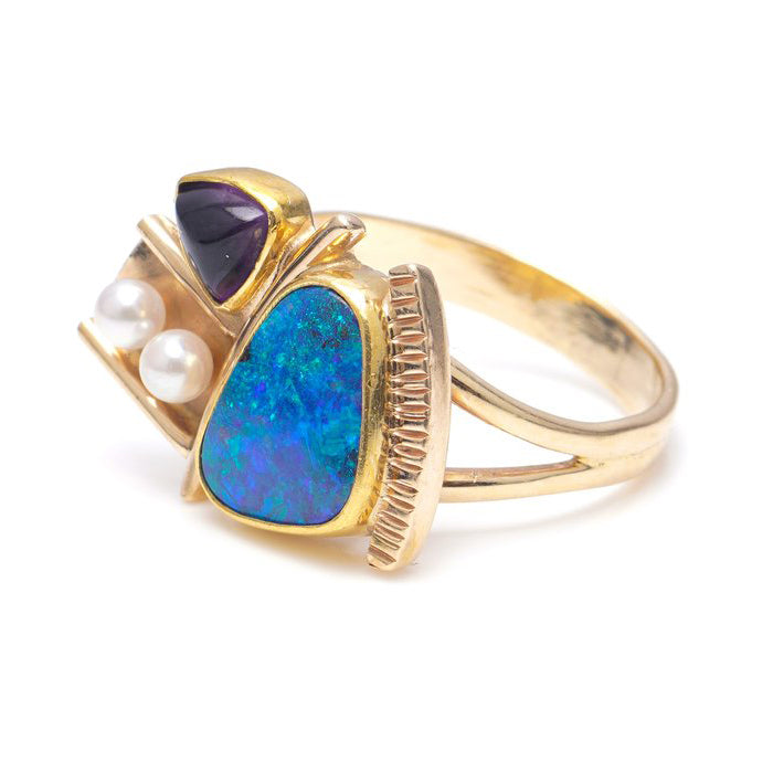 Vintage Black Opal Amethyst and Pearl Dress Ring in 18ct Yellow Gold