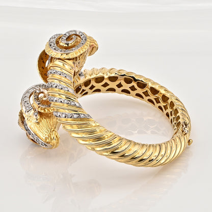Vintage Italian Diamond and Gold Double Rams Head Bangle Bracelet