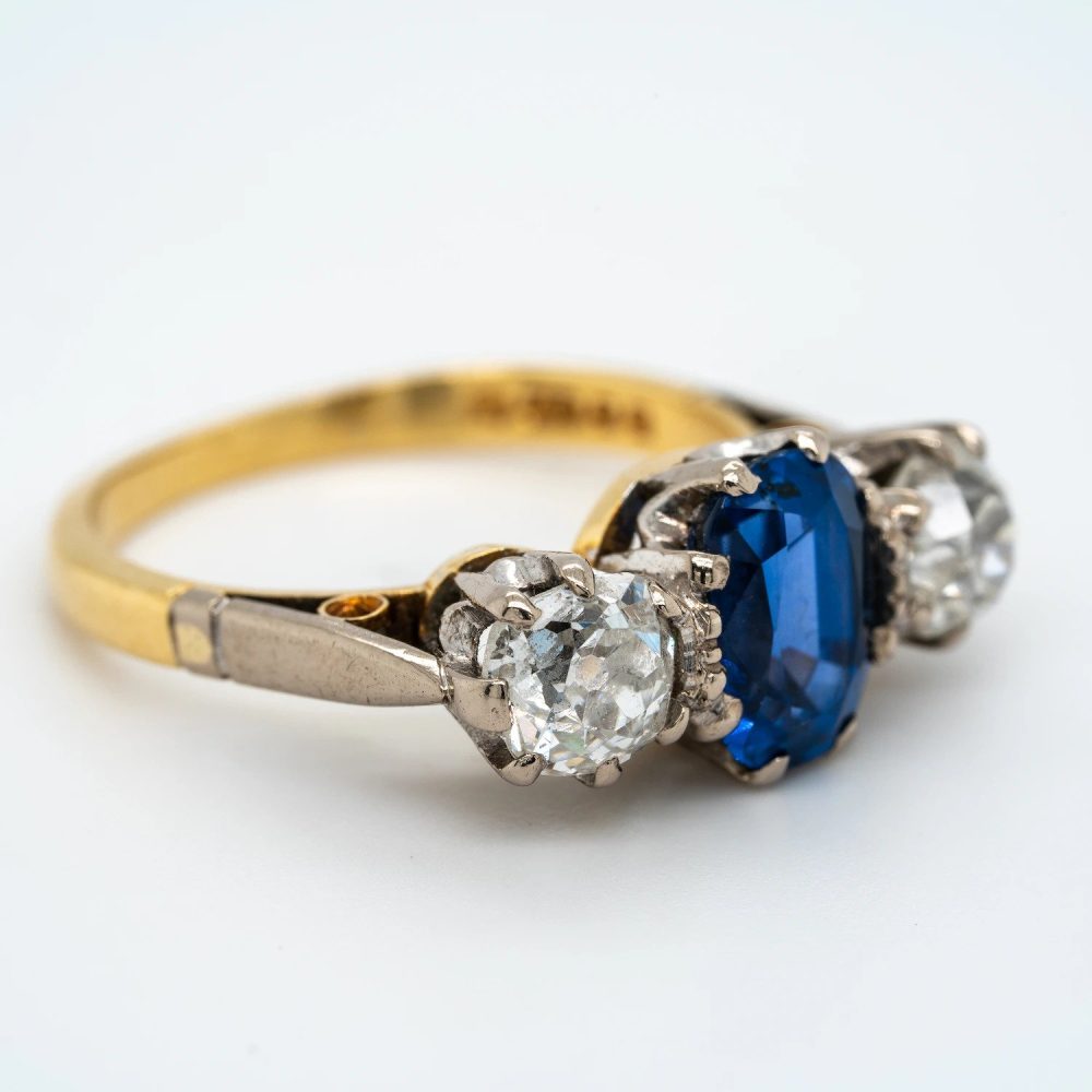 2ct Sapphire and 1.40ct Old Cut Diamond Trilogy Three Stone Engagement Ring