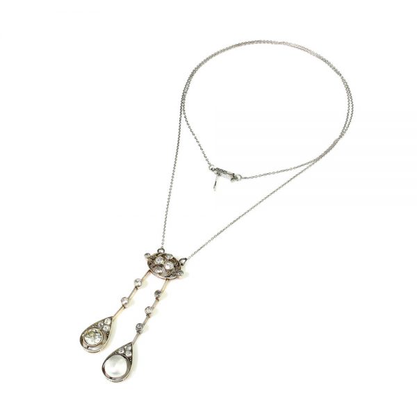 Antique Edwardian Natural Pearl and Old Cut Diamond Negligee Pendant Necklace