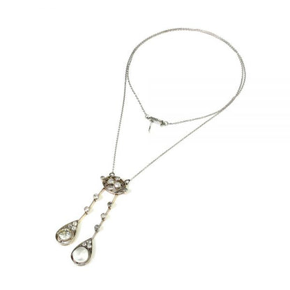 Antique Edwardian Natural Pearl and Old Cut Diamond Negligee Pendant Necklace