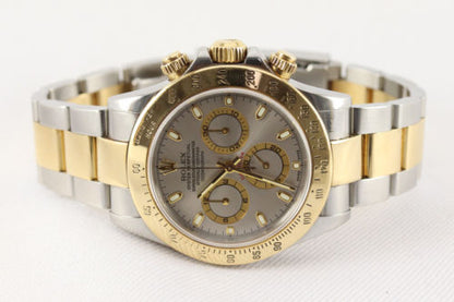 Rolex Daytona Cosmograph 116523 Automatic 40mm Chronograph Watch in Steel and Gold, grey dial, on a steel and gold Oyster bracelet, Circa 2000s, with Rolex box and papers