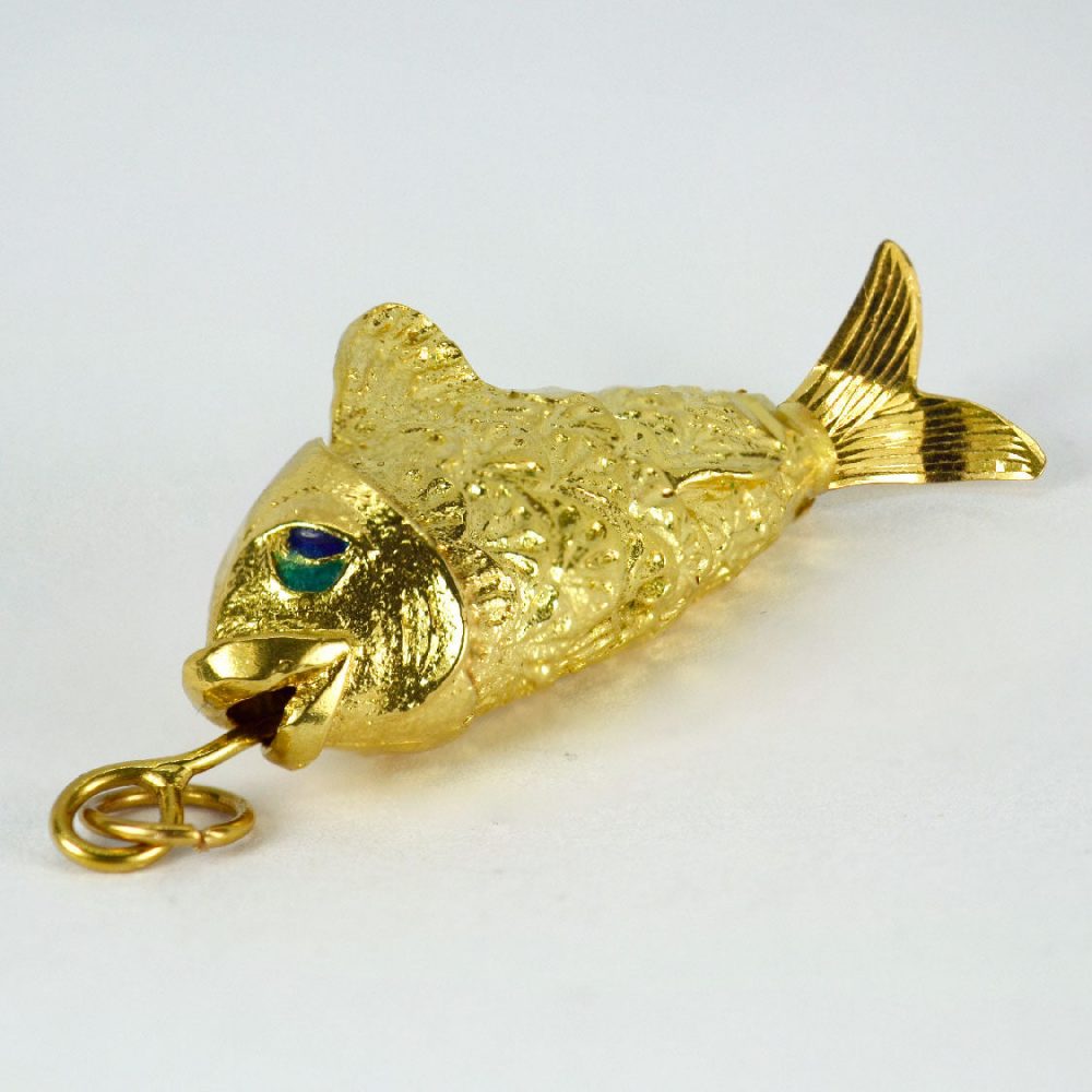 18ct Yellow Gold Articulated Fish Pendant with Enamel Eyes