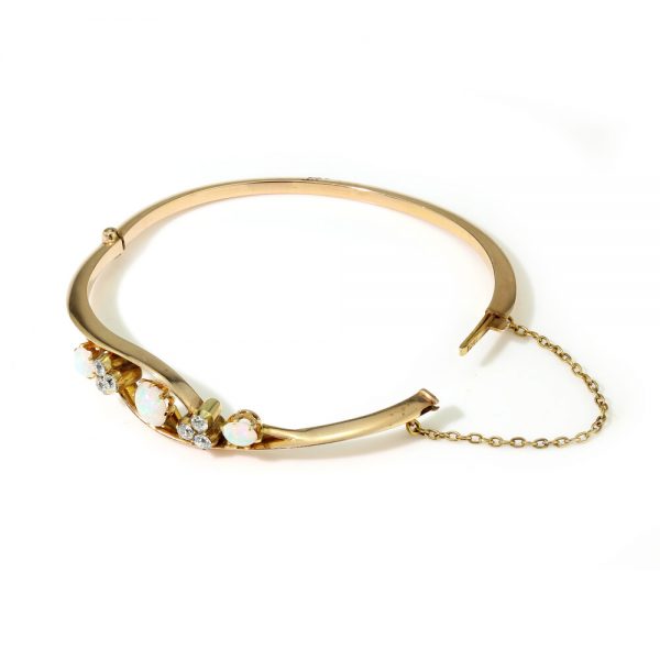 Antique Victorian Opal and Old Cut Diamond Bangle Bracelet, Circa 1860s