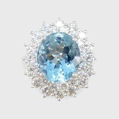Vintage 4.30ct Aquamarine and Diamond Double Cluster Ring in Platinum
