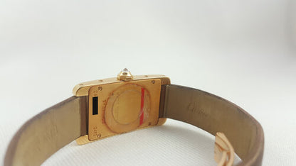 Cartier Tank Américaine Ladies Rare 18ct Yellow Gold 2482 Quartz Watch, factory set brown diamond bezel, brown satin Cartier strap, with Cartier box and service papers.