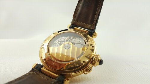 Cartier Pasha 18ct Night and Day 38mm Automatic Watch, skeleton display back, black leather strap with a 18ct Cartier Deloyant Clasp