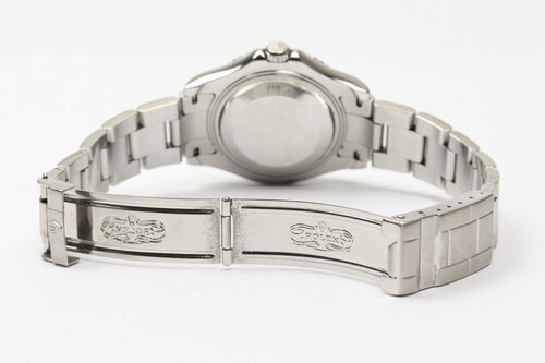 Rolex Yacht Master Midsize 35mm Stainless Steel with Platinum Insert, Ref 168622, silver dial, white hour markers, date indicator, bi-directional rotating bezel with platinum insert, automatic movement, stainless steel Oyster bracelet strap