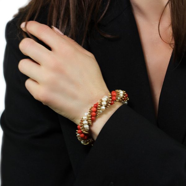 Van Cleef and Arpels 18ct Yellow Gold, Coral and Pearl Bead Twirl Bracelet, Made in France, Circa 1962