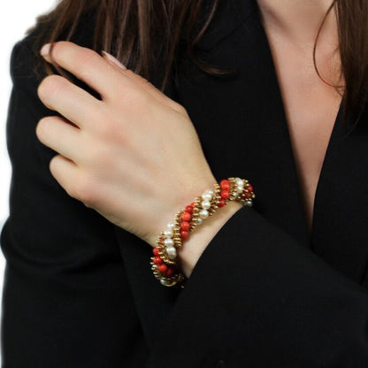 Van Cleef and Arpels 18ct Yellow Gold, Coral and Pearl Bead Twirl Bracelet, Made in France, Circa 1962