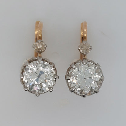 Antique French Old Cut Diamond Solitaire Drop Earrings, 3.20 carat total