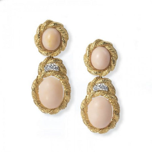 Vintage Coral, Diamond and Gold Drop Earrings; each set with two cabochon-cut corals within gold twisted bark effect mounts, with round brilliant-cut diamond detail between, post and lever back fittings, Circa 1970