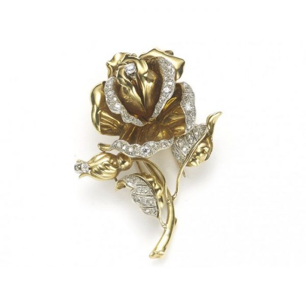 Vintage Diamond and Gold Rose Flower Brooch