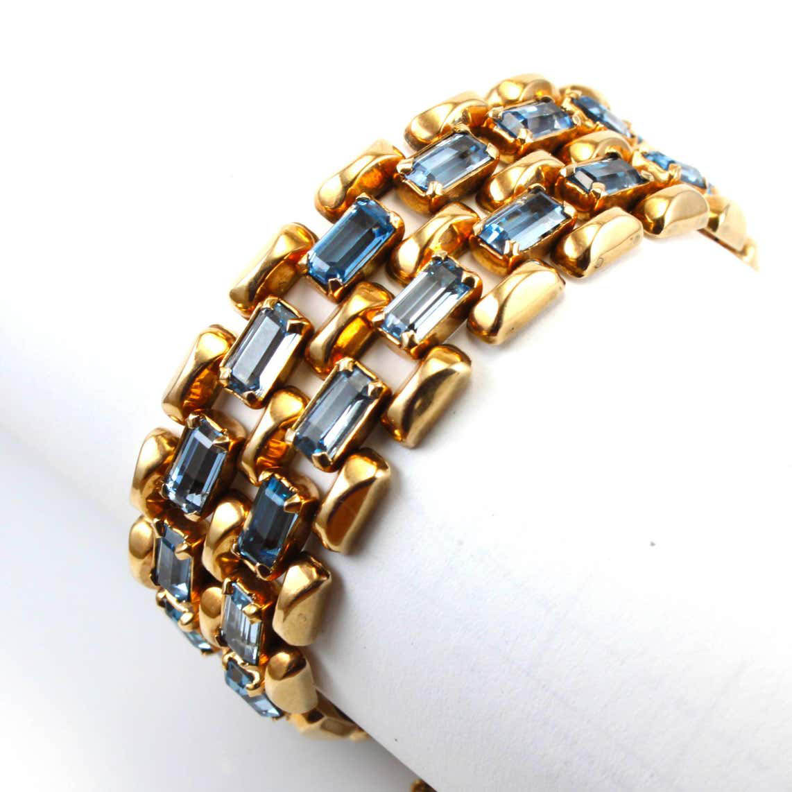 Retro 1940s Aquamarine and 18ct Yellow Gold Brick Link Bracelet