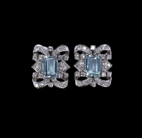Vintage 1940s Aquamarine and Diamond Cluster Earrings; 4 carats of emerald-cut aquamarines surrounded by diamonds, in platinum with 18ct white gold clips
