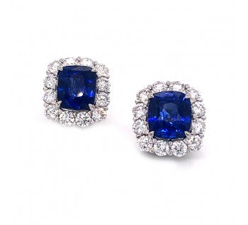 Sapphire and Diamond Cluster Stud Earrings, 6.95 carat total, Platinum