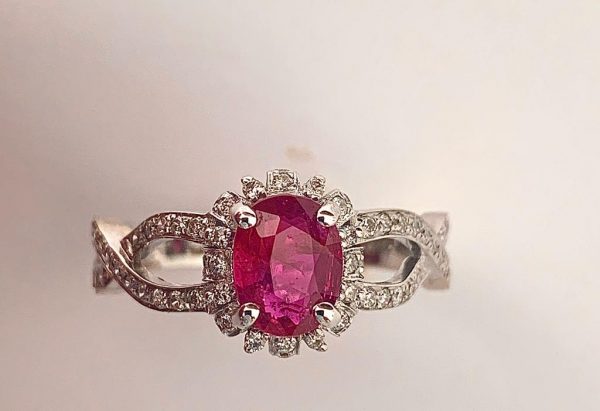 1.11ct No Heat Burma Ruby and Diamond Engagement Ring, 18ct White Gold