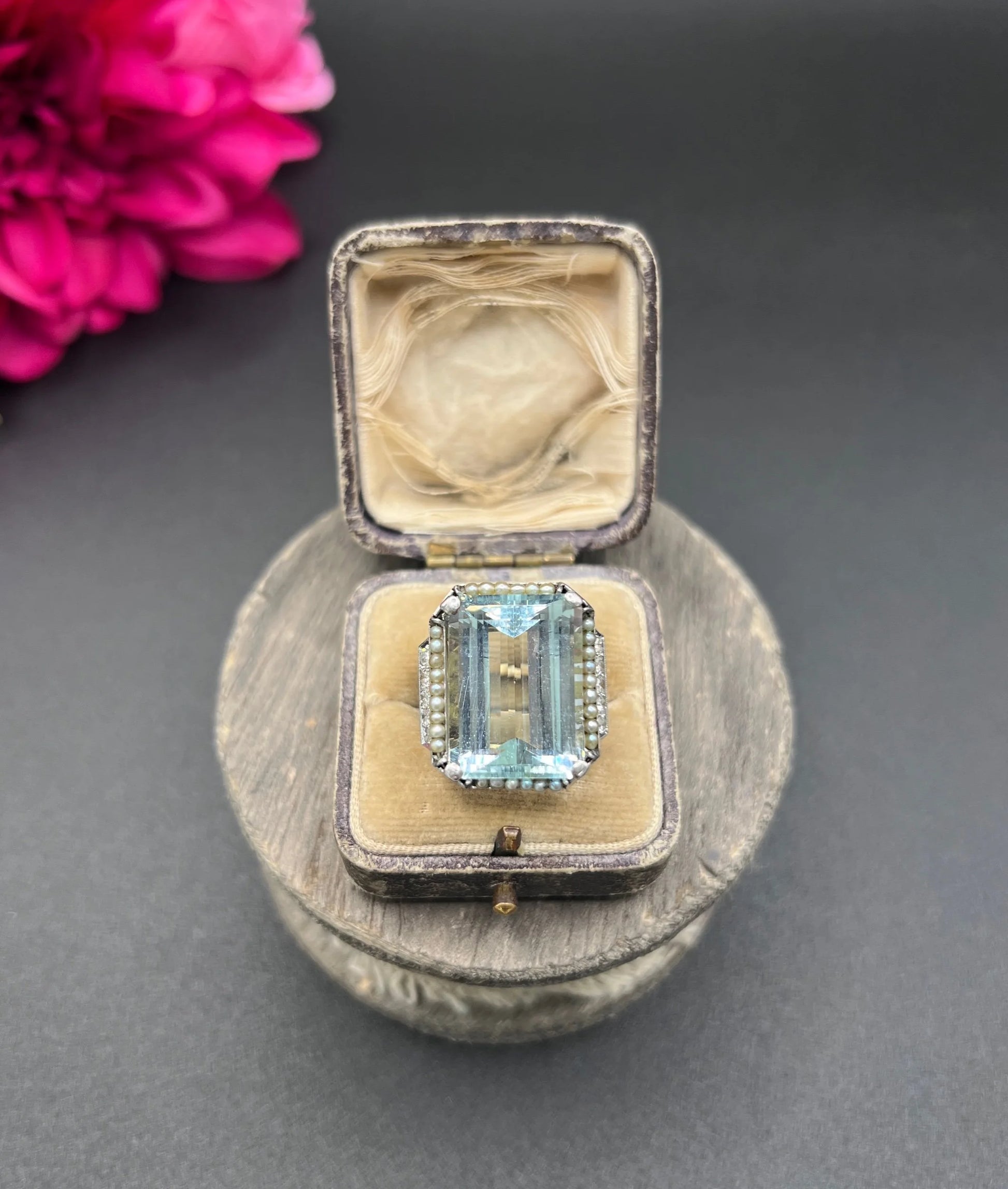 An aquamarine, pearl and diamond large cocktail ring in yellow gold and platinum, in a ring box