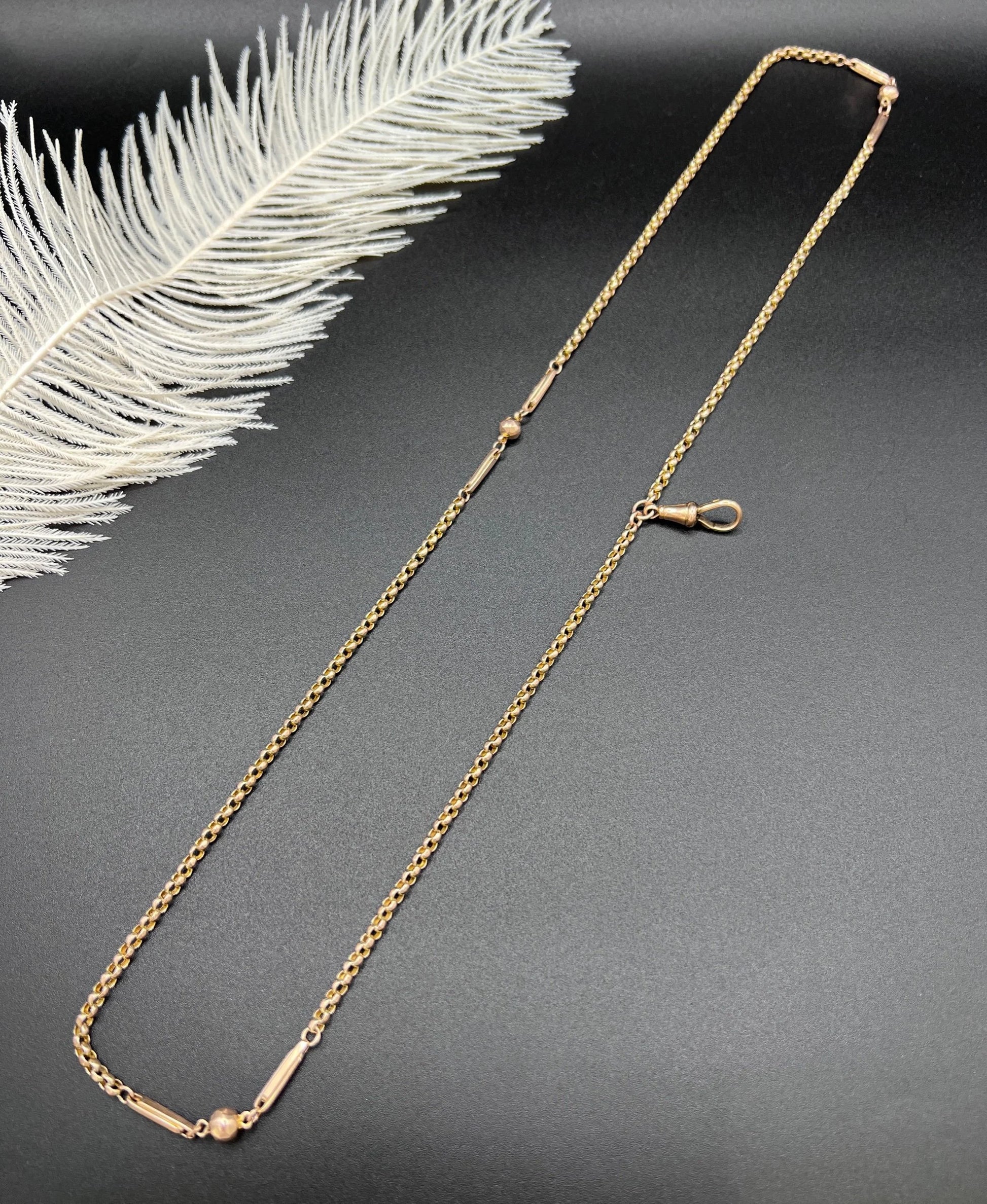 A long rose gold chain necklace with a dog clip clasp