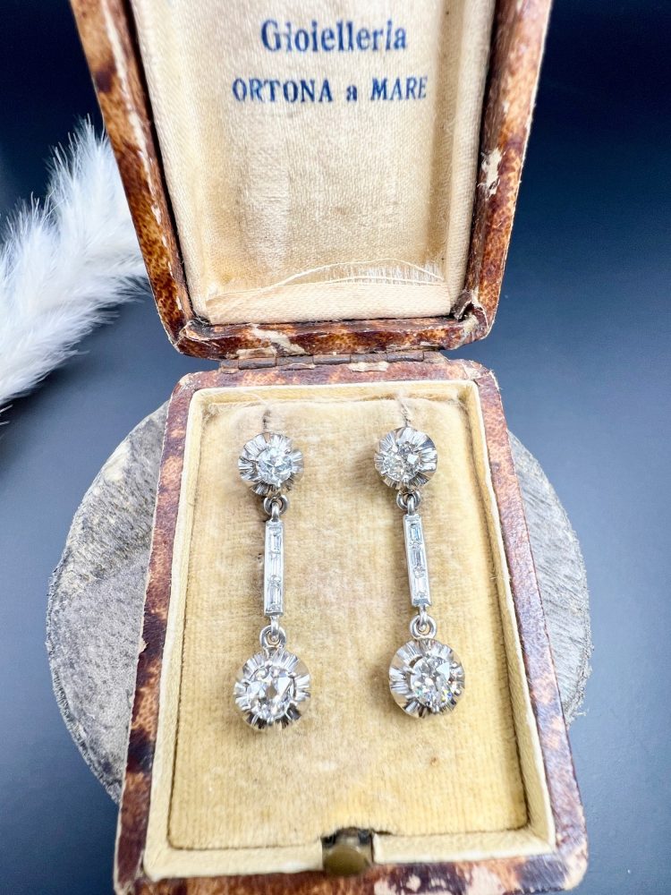 Antique Art Deco 1.6ct Old Cut Diamond Dormeuse Drop Earrings, elegant long baguette-cut diamond stems with old European-cut diamonds top and bottom in platinum to 18ct yellow gold
