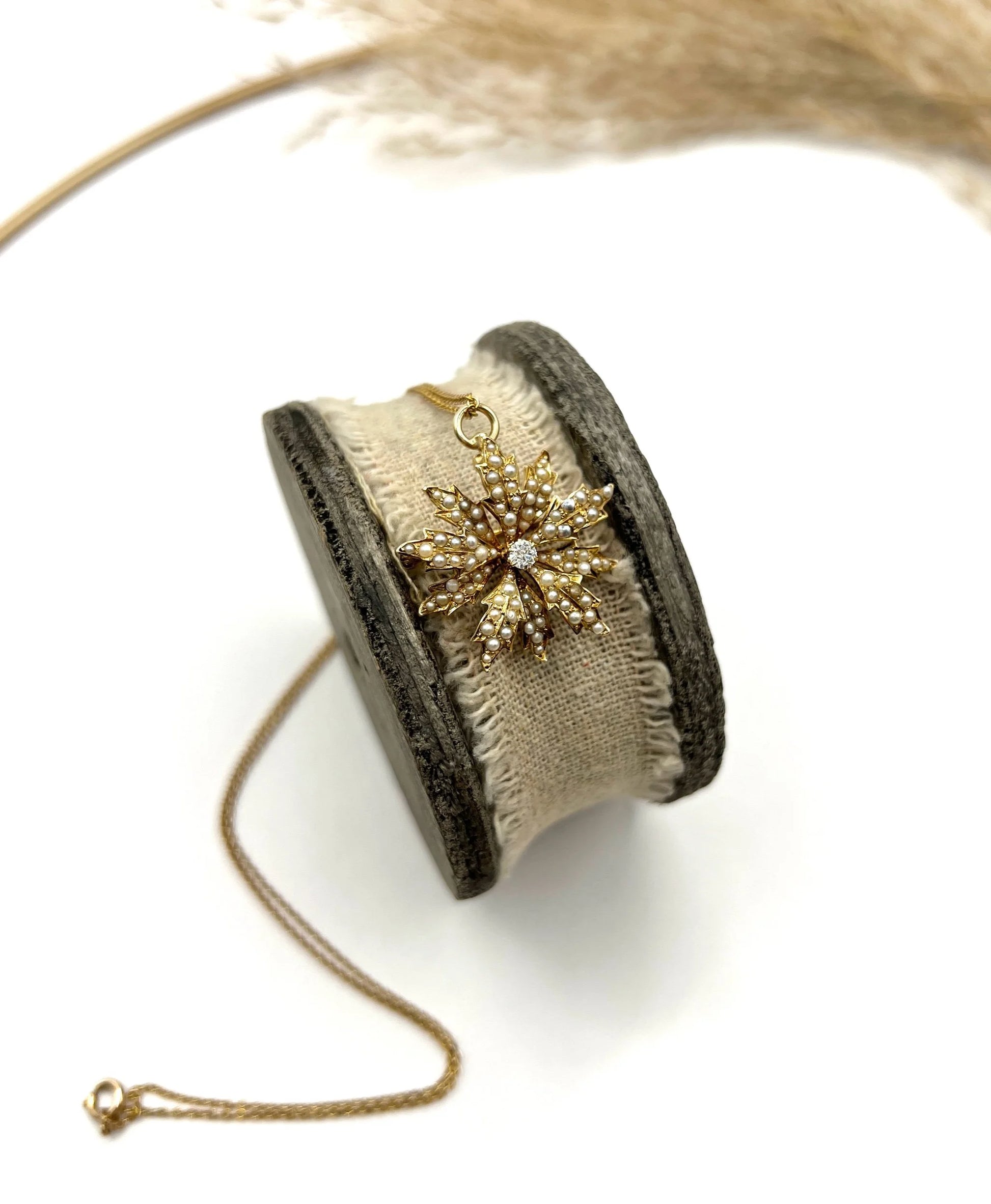 Antique 15 ct Gold, Edwardian Natural Seed Pearl And Diamond Flower Pendant/Brooch