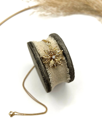 Antique 15 ct Gold, Edwardian Natural Seed Pearl And Diamond Flower Pendant/Brooch