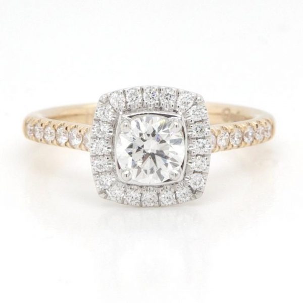 Brilliant Cut Diamond and 18ct Yellow Gold Cluster Ring; featuring a 0.53 carat brilliant cut diamond set in platinum within a surround of brilliant cut diamonds, diamond-set yellow gold shoulders, with GIA certificate