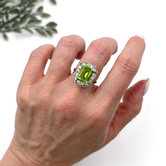 Antique 18 ct White Gold And Platinum, 1920's Peridot And Diamond Rectangular Halo Cluster Ring