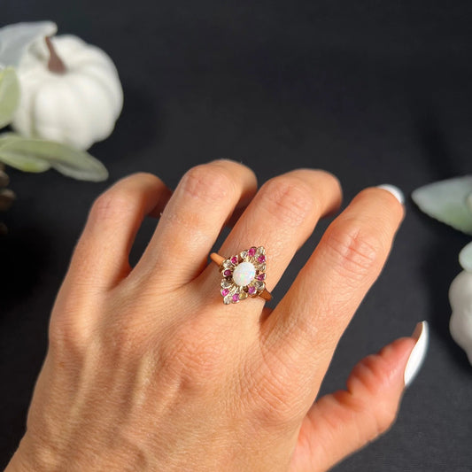 Victorian Antique Opal Ruby and Diamond Marquise Cluster Navette Ring in 18ct Rose Gold