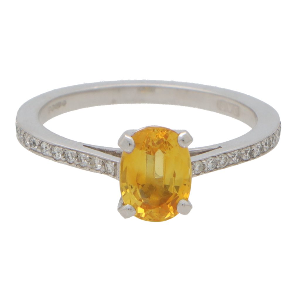 0.80ct Oval Yellow Sapphire and Diamond Solitaire Engagement Ring in Platinum