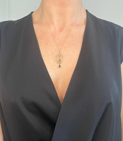 Antique 9 ct Gold, Edwardian Amethyst, Peridot, Seed Pearl And Enamel, Teardrop Suffragette Pendant Necklace