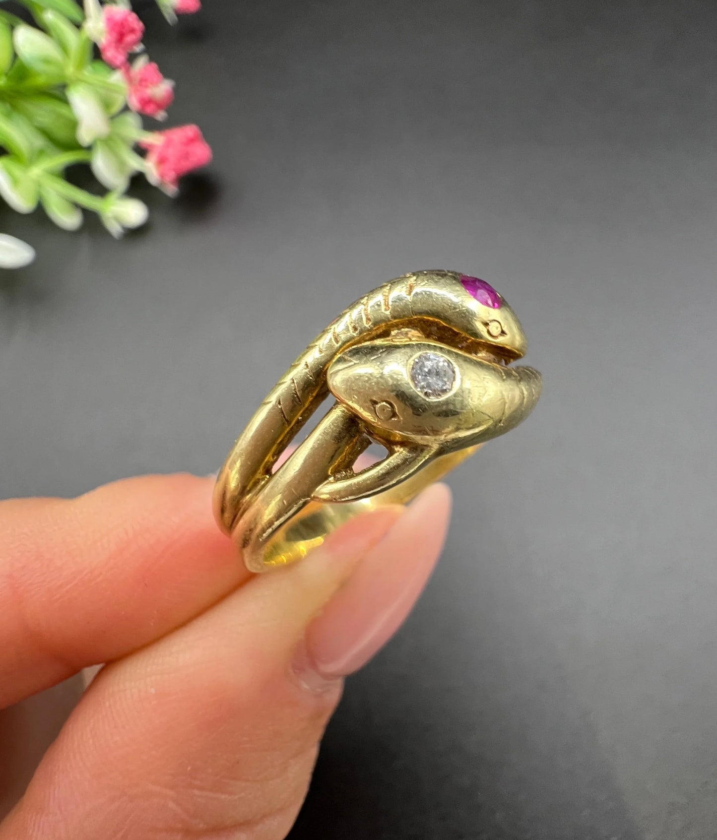 Vintage 14 Carat Yellow Gold Ruby and Diamond Double Headed Snake Ring, Circa 1930