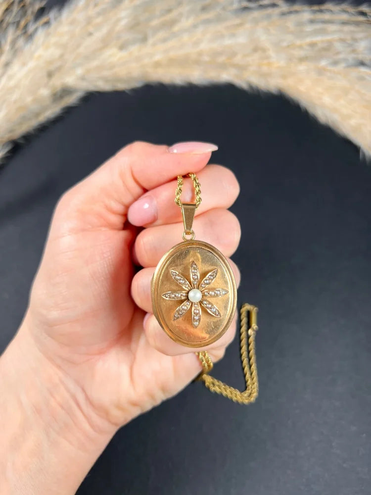 Antique 18 Carat Rose Gold Oval Shaped Locket With Pearl Flower